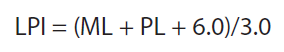 Leading pedestrian interval (LPI) equals the sum of the width of the moving lane (ML) in feet plus the width of the parking lane (PL) in feet plus 6.0, that sum divided by 3.0.