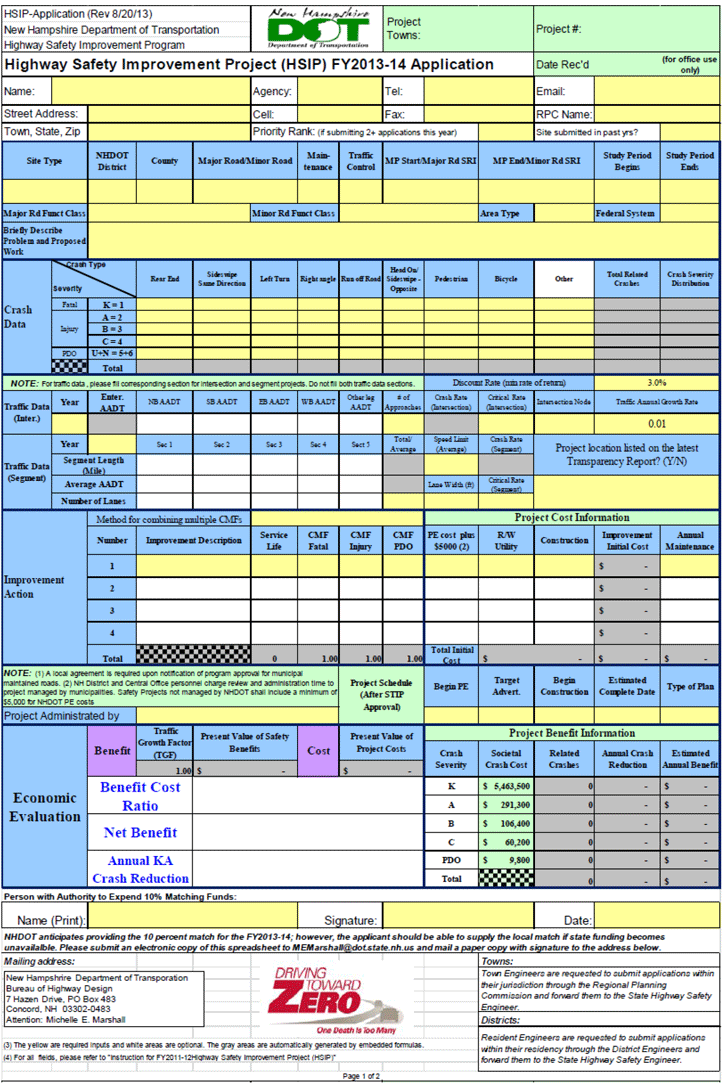 Image. HSIP project application spreadsheet Image showing a sample form to apply for a Highway Safety Improvement Project with the New Hampshire DOT. It includes fields for the person applying and their information, information on the project site and its crash and traffic data, the proposed improvement action, the project cost information, and an economic evaluation.