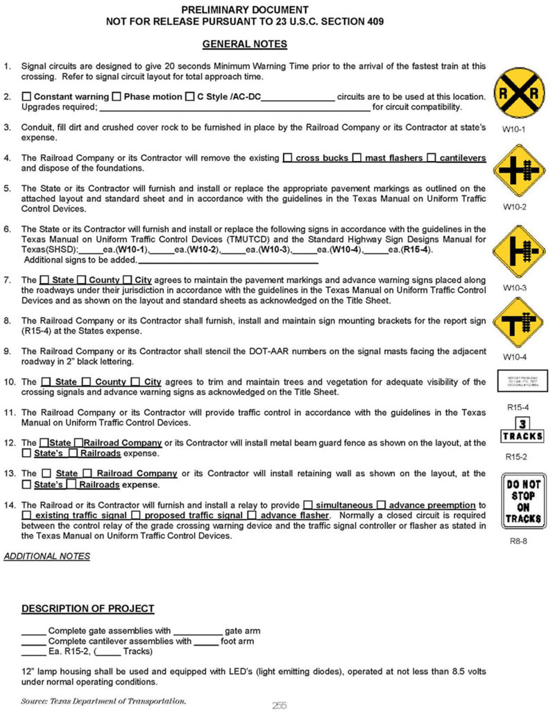 Continuation of Figure D-1. State of Texas Department of Transportation Diagnostic Review Form - This figure is an example of the State of Texas Department of Transportation Diagnostic Review Form. At the top of the document, the heading reads, "PRELIMINARY DOCUMENT. NOT FOR RELEASE PURSUANT TO 23 U.S.C. SECTION 409." Under the heading, there is a subheading underlined and titled, "GENERAL NOTES." On the form under GENERAL NOTES, there are 14 sections for a person to fill out. There is also a section at the