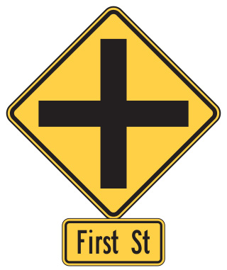 Figure 19. An image of a symbolic Intersection Warning (MUTCD W2-1) sign above a supplemental advance street name (MUTCD W16-8P) plaque that reads 'First St'.