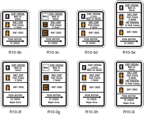 Figure 26. An image showing eight of the variations of the MUTCD R10-3 series educational plaque for a pedestrian pushbutton. The image has two rows of four signs each; the top row shows (from left to right) the R10-3b through R10-3e signs, and the bottom row shows (from left to right) the R10-3f through R10-3i signs.