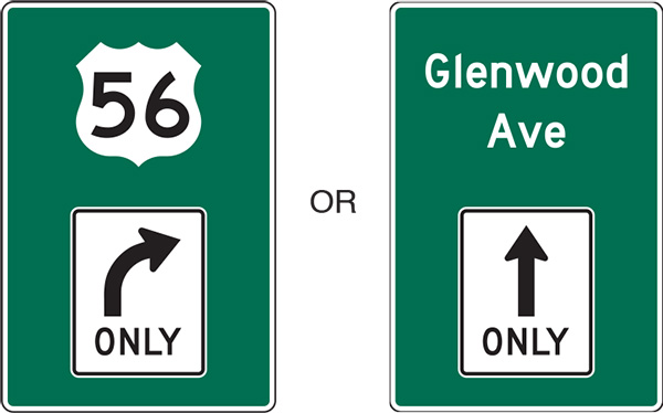 Figure 34. An image showing two options for the Combination Lane Use/Destination Guide (MUTCD D15-1) sign. The image on the left shows a green sign with a black and white 'US-56' shield above a modified R3-5 'right turn only' symbol. The image on the right shows a green sign with the text 'Glenwood Ave' in white above a modified R3-5a 'straight ahead only' symbol.