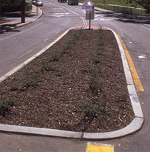 Figure 7 (bottom). Two pictures showing curb treatments. The picture on top shows a vertical curb around a median island; the picture on the bottom shows a sloping curb around a median island.