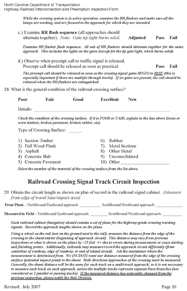 Form. North Carolina Department of Transportation Highway - Railroad Interconnection and Preemption Inspection Form page 10