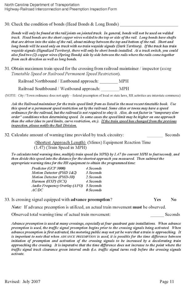 Form. North Carolina Department of Transportation Highway - Railroad Interconnection and Preemption Inspection Form page 11