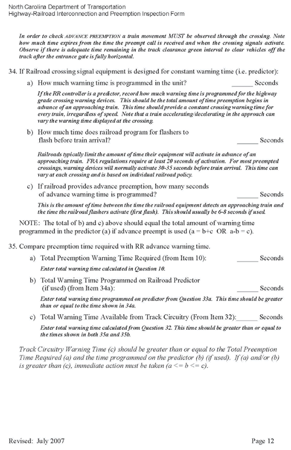 Form. North Carolina Department of Transportation Highway - Railroad Interconnection and Preemption Inspection Form page 12