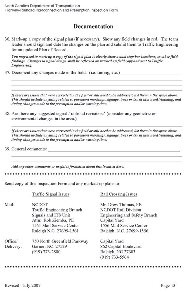 Form. North Carolina Department of Transportation Highway - Railroad Interconnection and Preemption Inspection Form page 13