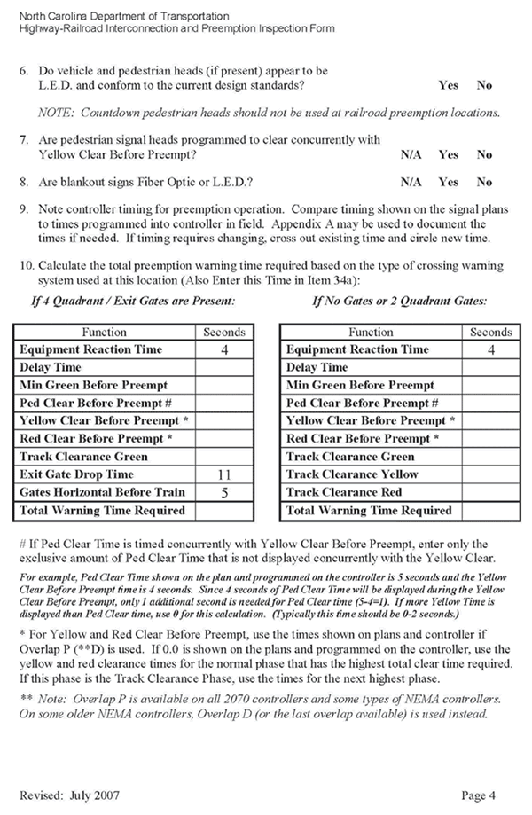 Form. North Carolina Department of Transportation Highway - Railroad Interconnection and Preemption Inspection Form page 4