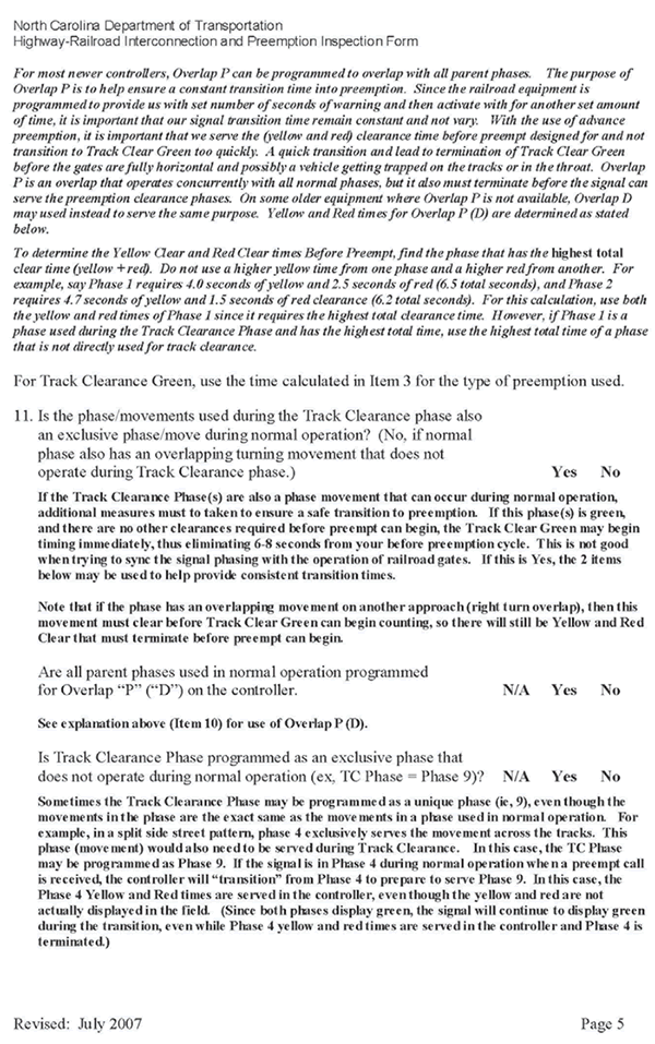 Form. North Carolina Department of Transportation Highway - Railroad Interconnection and Preemption Inspection Form page 5