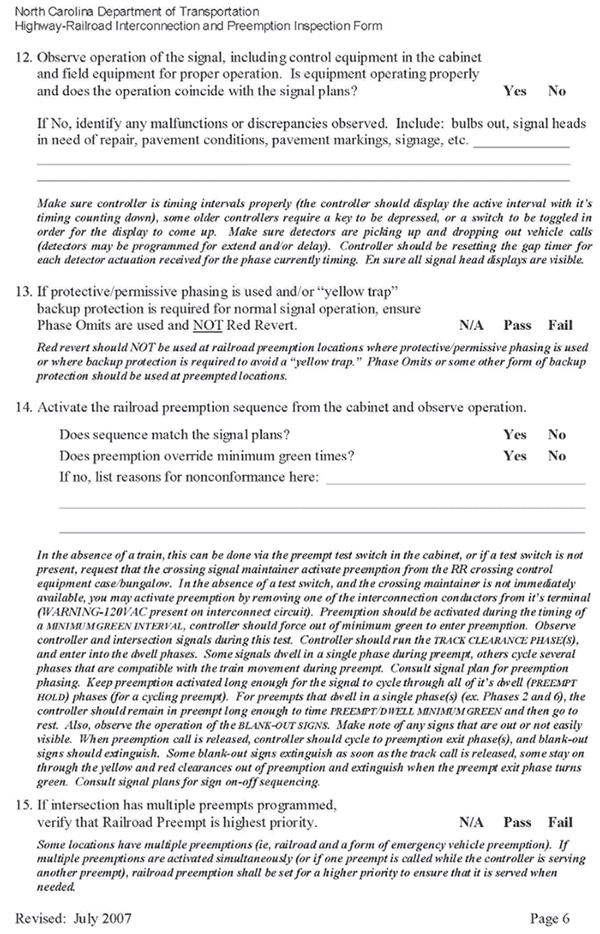 Form. North Carolina Department of Transportation Highway - Railroad Interconnection and Preemption Inspection Form page 6