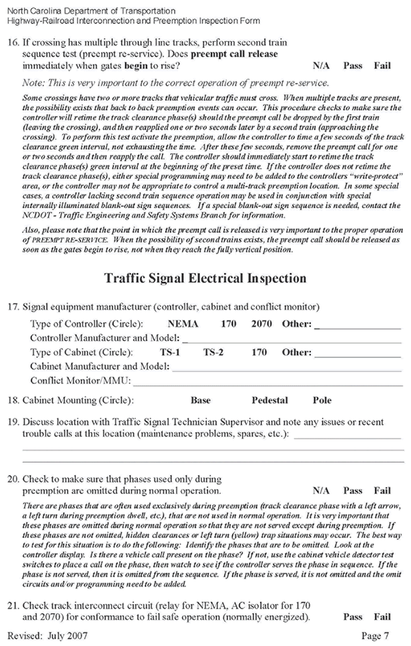 Form. North Carolina Department of Transportation Highway - Railroad Interconnection and Preemption Inspection Form page 7