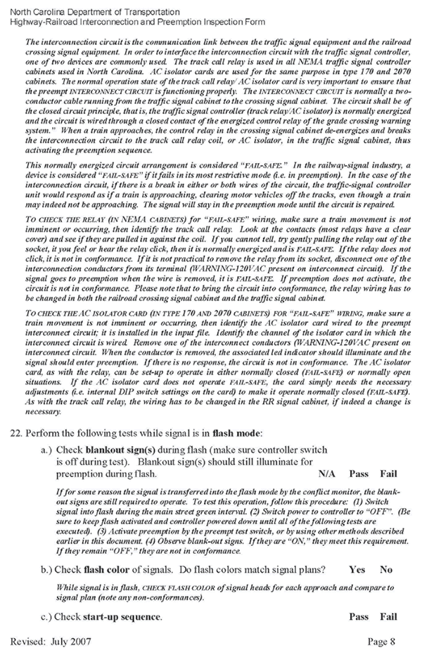 Form. North Carolina Department of Transportation Highway - Railroad Interconnection and Preemption Inspection Form page 8