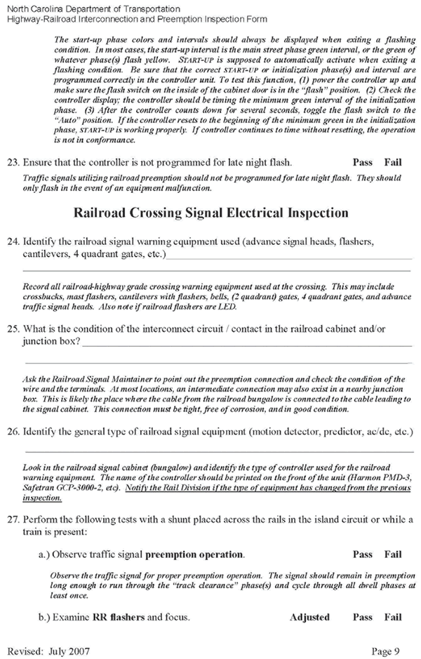 Form. North Carolina Department of Transportation Highway - Railroad Interconnection and Preemption Inspection Form page 9