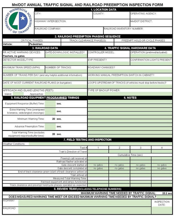 Form. Mn/DOT Annual Traffic Signal and Railroad Preemption Inspection Form