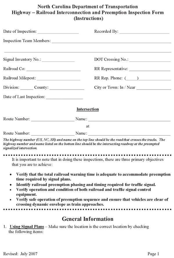 Form. North Carolina Department of Transportation Highway - Railroad Interconnection and Preemption Inspection Form page 1