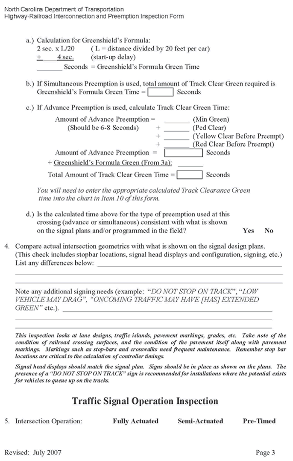 Form. North Carolina Department of Transportation Highway - Railroad Interconnection and Preemption Inspection Form page 3