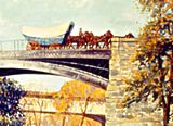 multiple horses pulling a covered wagon across a tall bridge