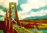 a large suspension bridge over a body of water with many vehicles crossing it