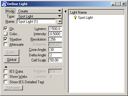 A screengrab of the define light dialog.