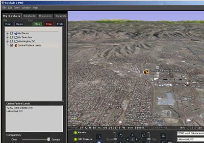 A screen grab of the 3D display of terrain data in the keyhold application.