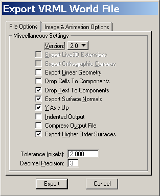 A screengrab of the export VRML world file file options dialog.