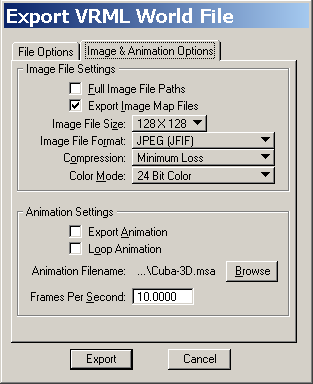 A screengrab of the Export VRML World File image and animation options dialog.