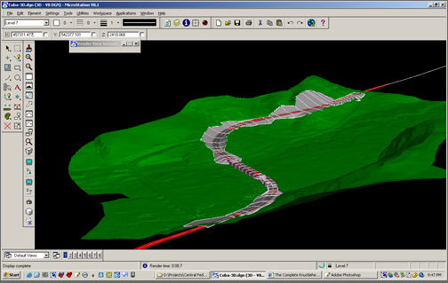 A digital rendering of a highway over a hill.