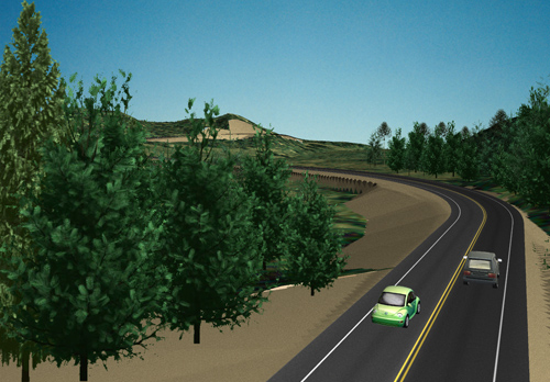 A digital image of a road with cars.