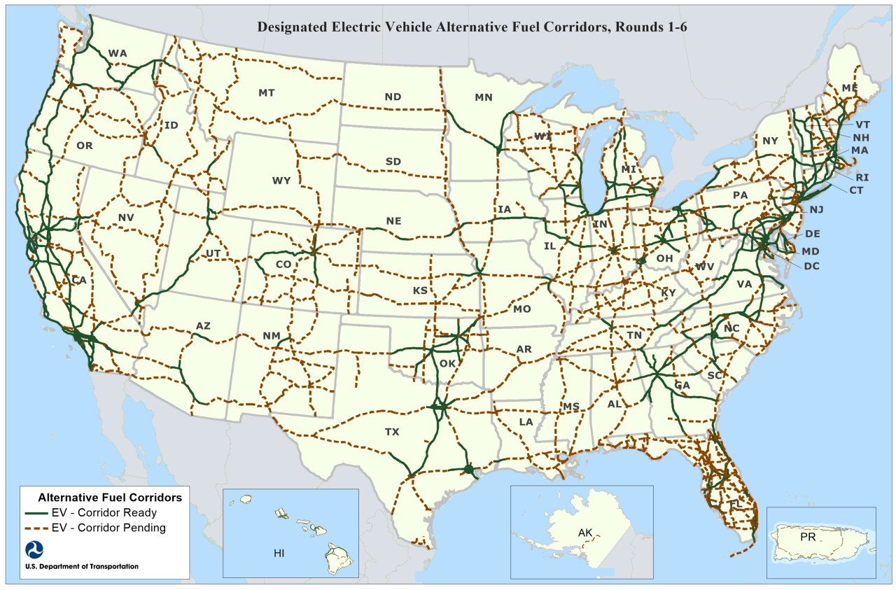 Map of Designated Electric Vehicle Alternative Fuel Corridors, Rounds 1-6. Shows two categories of corridors: EV Corridor Ready and EV Corridor Pending. All 50 states, DC, and Puerto Rico have at least some Corridor Pending routes while the Corridor Existing routes are concentrated in coastal states and the Midwest.