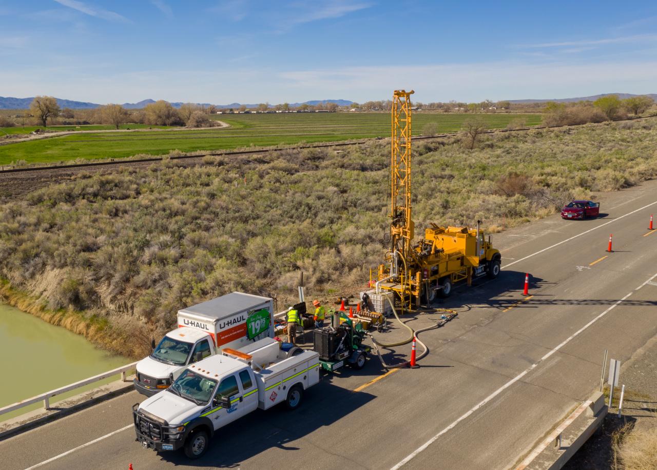 "An aerial view of the drill rig and ISTD equipment sitting on a bridge and roadway in northern Nevada."