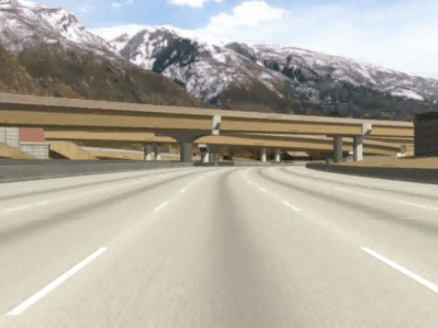 An image of a model and animation of a highway under a bridge.