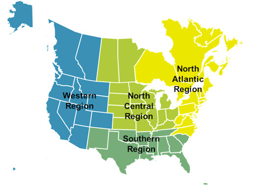 "The map shows the four regions for LTPP data collection. The Western region includes Alaska, Hawaii, California, Oregon, Washington, Idaho, Nevada, Arizona, Colorado, Utah, Montana, Wyoming, and the provinces of British Columbia and Alberta. The North Central Region includes North and South Dakota, Kansas, Nebraska, Missouri, Iowa, Minnesota, Illinois, Wisconsin, Kentucky, Ohio, Indiana, Michigan, and the provinces of Saskatchewan and Manitoba. The North Atlantic Region includes North Carolina, Virginia, Maryland, West Virginia, Delaware, Pennsylvania, New Jersey, Rhode Island, Connecticut, New York, Massachusetts, Vermont, Maine, New Hampshire, and the provinces of Ontario and Quebec. The Southern region includes New Mexico, Texas, Oklahoma, Arkansas, Louisiana, Tennessee, Mississippi, Alabama, Georgia, Florida, South Carolina, and Puerto Rico."