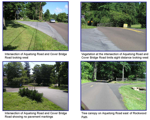 Top Left: Intersection of Aquetong Road and Cover Bridge Road looking west; Top Right: Vegetation at the intersection of Aquetong Road and Cover Bridge Road limits sight distance looking west; Botton Left: Intersection of Aquetong Road and Cover Bridge Road showing no pavement markings; Bottom Right: Tree canopy on Aquetong Road east of Rockwood Path