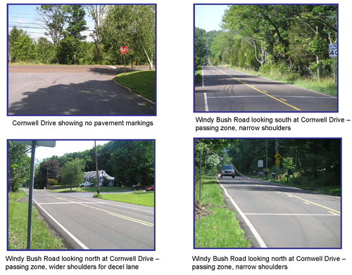 Top Left: Cornwell Drive showing no pavement markings; Top Right: Windy Bush Road looking south at Cornwell Drive – passing zone, narrow shoulders; Botton Left: Windy Bush Road looking north at Cornwell Drive – passing zone, wider shoulders for decel lane; Bottom Right: Windy Bush Road looking north at Cornwell Drive – passing zone, narrow shoulders