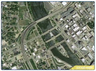 "Satellite photo of the Cedar Rapids Bridge. Source: Google Maps."