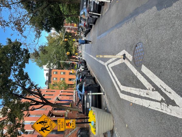 Urban residential street with curb parking, markings, and design that encourage walking