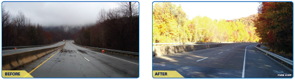 "Before and after photos of the treated roadway."