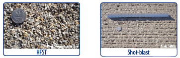 "alt="Two side-by-side photos, the first a closeup of an HFST aggregate surface with a quarter placed on it for perspective and to highlight the texture, the second of a one foot-long shot blast surface with a quarter on it depicting a rippled texture. Both photos source: FHWA""