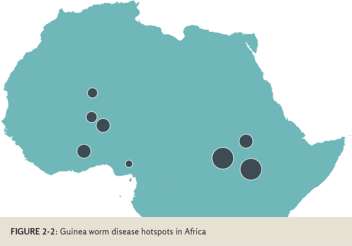 "map of northern Africa showing eight Guinea worm disease hotspots"