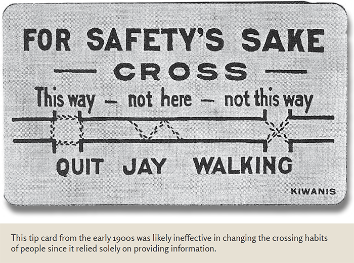 "Kiwanis-provided informational card with illustrations of where on the street you should cross. The card says 'For Safety's Sake - Cross - This way - not here - not this way - Quit Jay Walking.' This tip card from the early 1900s was likely ineffective in changing the crossing habits of people since it relied solely on providing information."