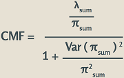 "CMF equals the quantity of lambda sum divided by pi sum all over the quantity of 1 plus (variance of pi sum squared divided by pi sum squared)."