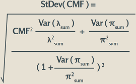 "standard deviation of the CMF equals the square root of [CMF squared times (variance of lambda sum divided by lambda sum squared) times (variance of pi sum divided by pi sum squared)] divided by [1 plus (variance of pi sum divided by pi sum squared)] squared."