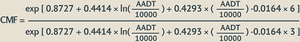 "CMF equals e to the power [0.8727 plus 0.4414 times the natural log of AADT divided by 10000 plus 0.4293 times (AADT divided by 10000) minus 0.0164 times 6] divided by the quantity of e to the power [0.8727 plus 0.4414 times the natural log of AADT divided by 10000 plus 0.4293 times (AADT divided by 10000) negative 0.0164 times 3]."