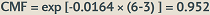 "CMF equals e to the power [negative 0.0164 times (6 minus 3)] equals 0.952."