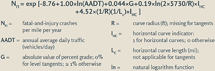 "(Equation) NFI equals e to the power of the power of [negative 8.76 plus 1.00 times the natural log of AADT plus 0.044 times G plus 0.19 times the natural log of (2 times 5730 divided by R) times IHC plus 4.52 times (1 divided by R) times (1 divided by Lc) times IHC]. Where NFI equals fatal-and-injury crashes per mile per year, AADT equals annual average daily traffic (vehicles/day), G equals absolute value of percent grade; 0% for level tangents; ≥ 1% otherwise, R equals curve radius (ft); missing for tangents, IHC equals horizontal curve indicator: 1 for horizontal curves; 0 otherwise, LC equals horizontal curve length (mi); not applicable for tangents, ln equals natural logarithm function."