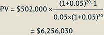 "PV equals $502,000 times the quantity of (1 plus 0.05) to the power of 20 minus 1 all over the quantity 0.05 times (1 plus 0.05) to the power of 20 equals 6,256,030."