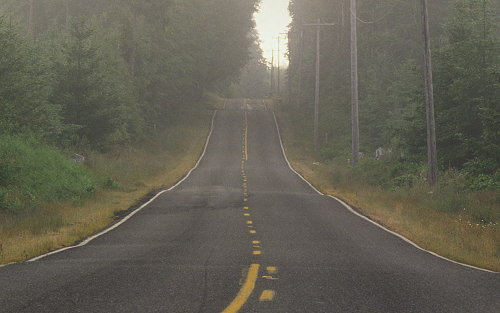 "two lane road cuts through a wooded area"