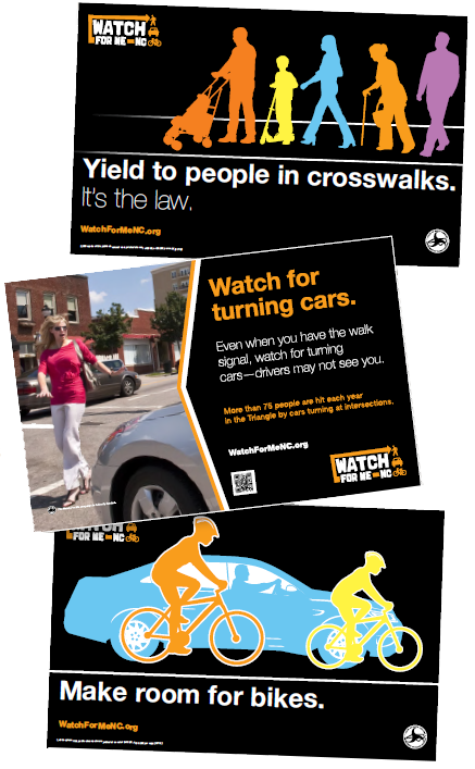 "three posters: (1) Yield to people in crosswalks. it’s the law. (2) Watch for turning cars. (3) Make room for bikes."