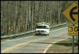 "This image shows a curving road with trees along the curve that are shielded by a guardrail. The guardrail protects the trees and protects the motorists driving on the road."