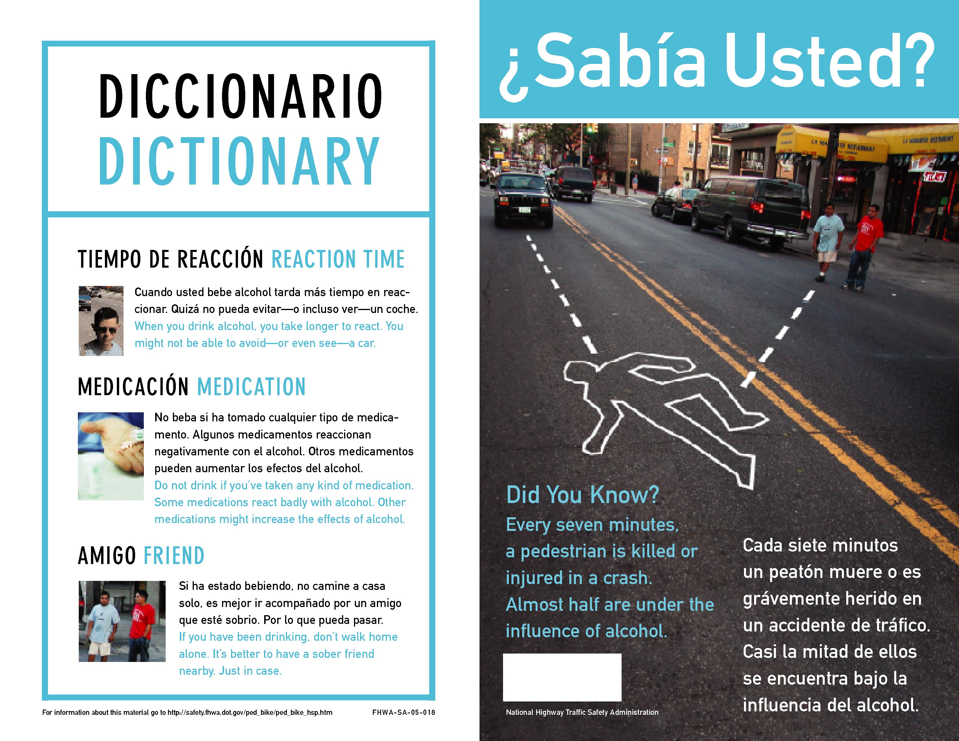 Capa exterior, izquierda (Outside cover, left side): Diccionario (Dictionary) Paso de peatones (Crosswalk) Use siempre el paso de peatones donde los haya. Pero no asuma que los conductores pararán. Mire antes y mientras esté cruzando. (Always use the crosswalk if there is one. But don't assume that drivers will stop for you. Look before and while crossing.) Ojos (Eyes) Mire a ambos lados antes de cruzar. Haga contacto visual con los conductores para asegurarse de que le han visto. (Look both ways before you cross. Make eye contact with drivers to be sure they see you.) Capa exterior, derecha (Outside cover, right side): La fotografía muestra una calle ancha con muchos coches y un peatón caminando por la carretera dando la espalda al tráfico. No hay acera. Las líneas punteadas en la fotografía marcan la trayectoria proyectada del peatón y la trayectoria proyectada de un vehículo y demuestran donde el peatón y el vehículo chocarían en caso de accidente. Ese punto es marcado por el contorno de un cuerpo. (The photograph shows a wide suburban road with cars and a male pedestrian on the side of road with his back to traffic. There is no sidewalk. Vehicles approach him from behind. Dotted lines that arrive at a body outline indicate where the paths of a car and the pedestrian would meet if they continue on their present paths.) ¿Sabía Usted? Si no hay aceras, camine de frente al tráfico. (Did you know? If there are no sidewalks, walk facing traffic.)